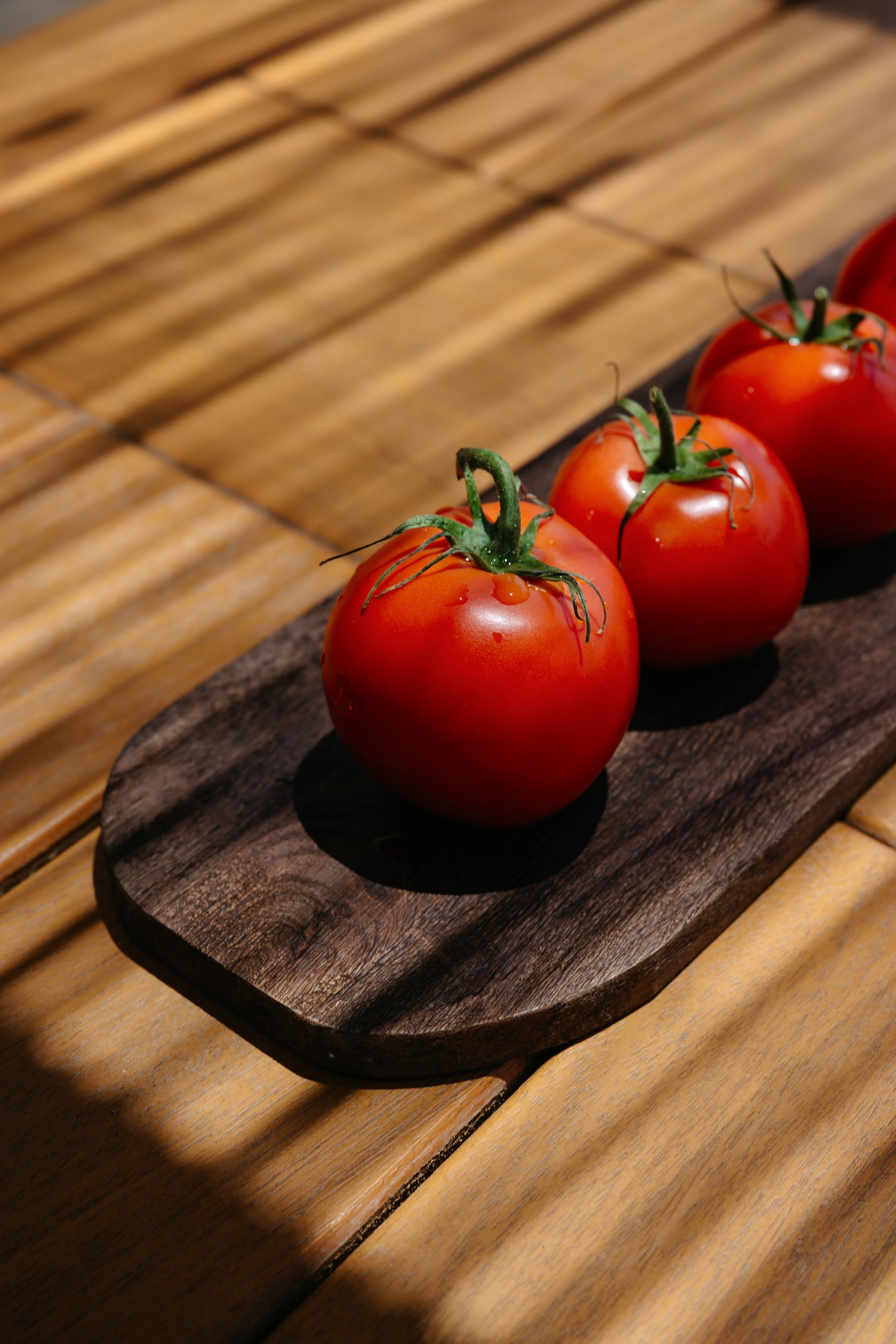 Tomatoes on a wooden board in the afternoon sun