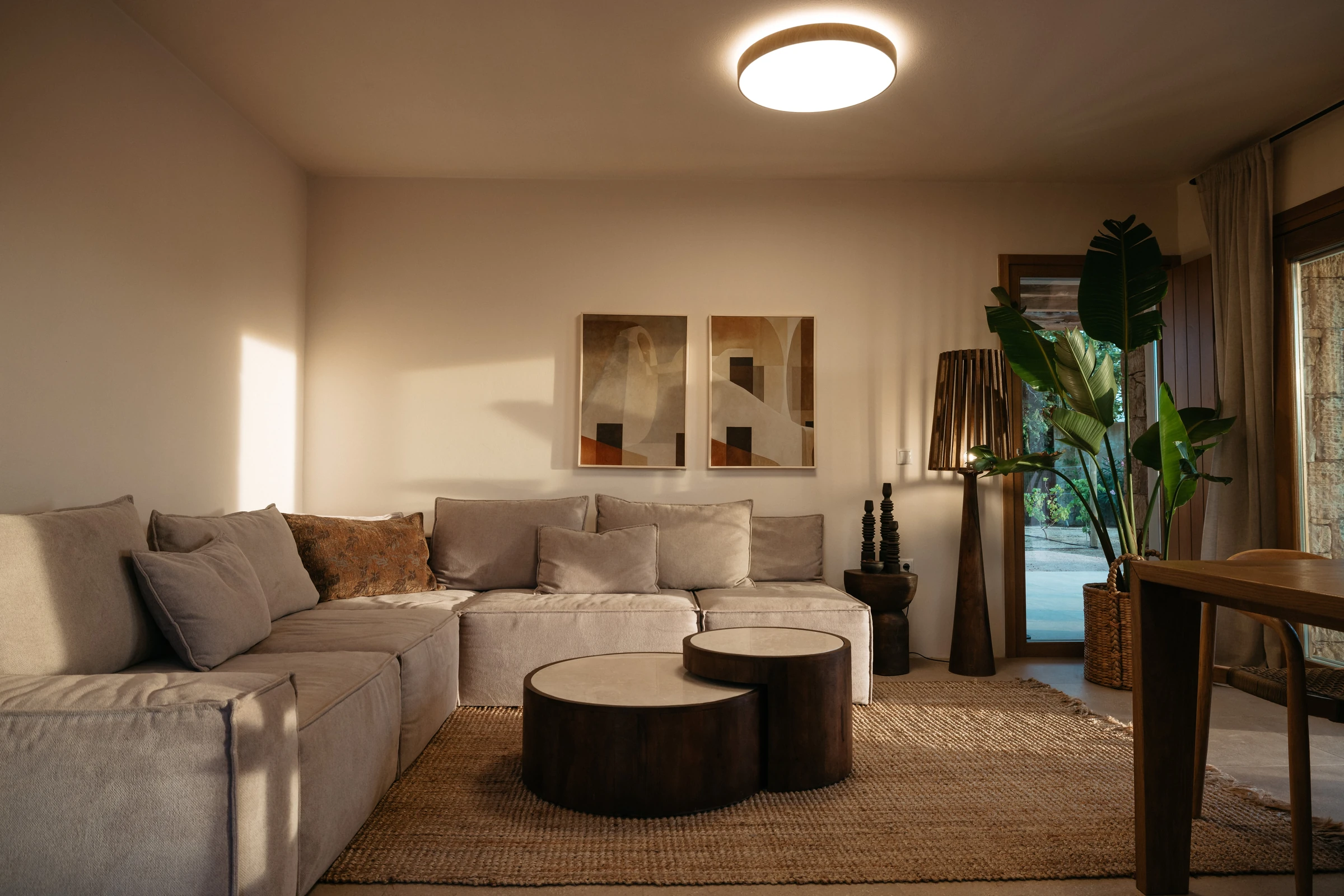 Evening living room in warm lamplight
