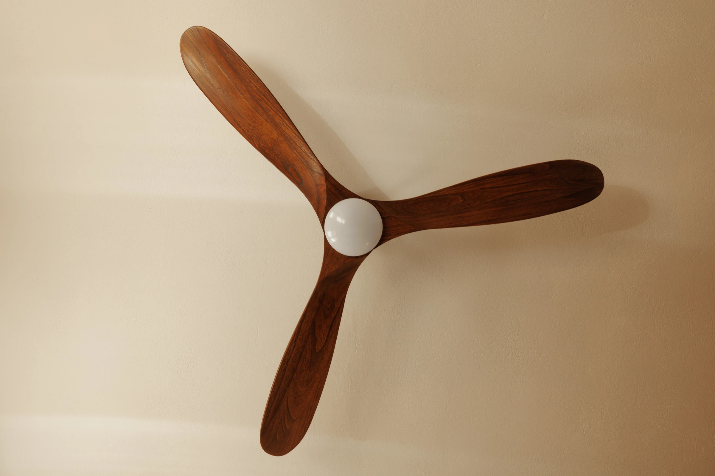 The timber-bladed ceiling fan against a soft plaster ceiling
